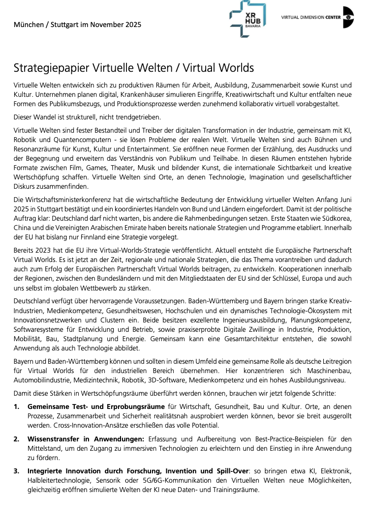 Neues Strategiepapier „Virtuelle Welten / Virtual Worlds“ veröffentlicht – XR HUB Bavaria und das VDC setzen Impulse für Europas digitale Zukunft