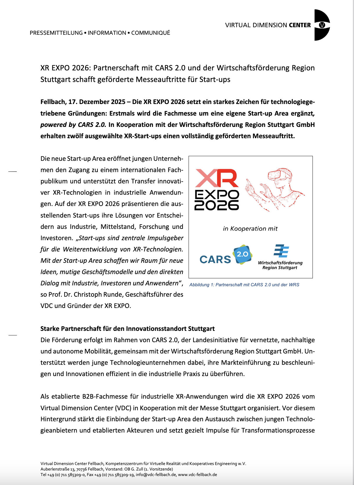 VDC veröffentlicht Pressemitteilung – XR EXPO 2026: Partnerschaft mit CARS 2.0 und der Wirtschaftsförderung Region Stuttgart schafft geförderte Messeauftritte für Start-ups