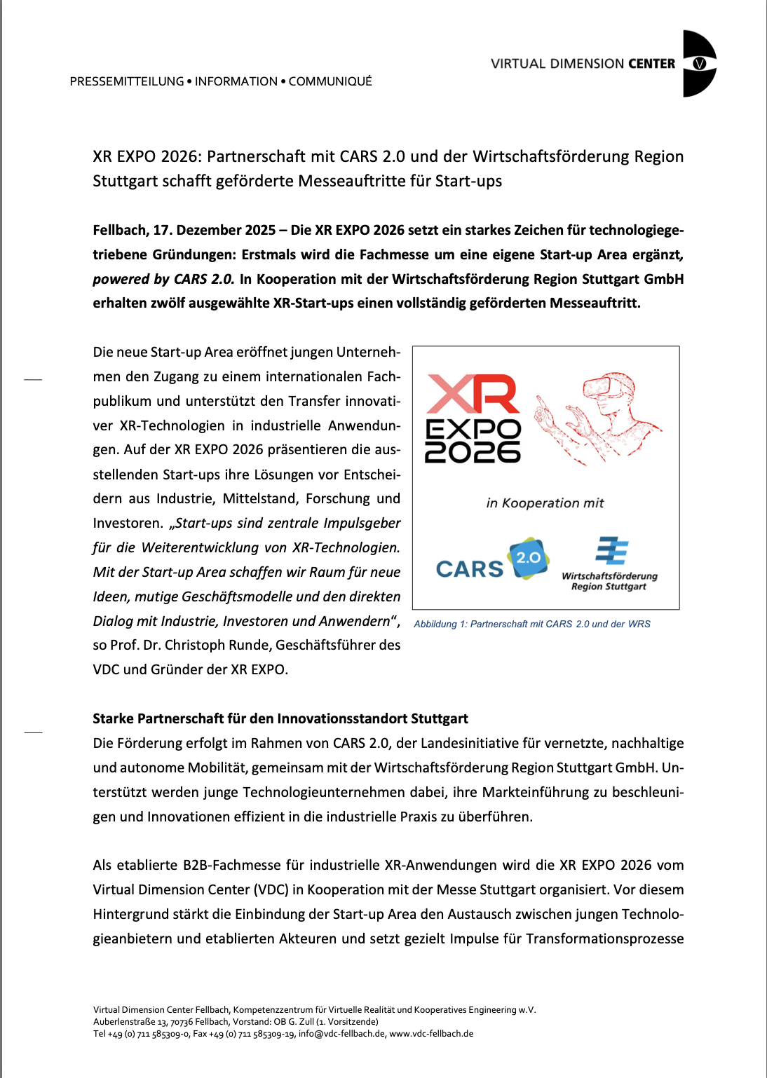 XR EXPO 2026: Partnerschaft mit CARS 2.0 und der Wirtschaftsförderung Region Stuttgart schafft geförderte Messeauftritte für Start-ups