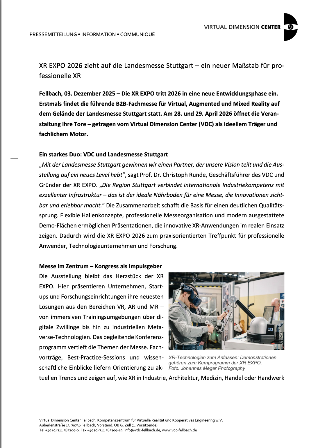 XR EXPO 2026 zieht auf die Landesmesse Stuttgart – ein neuer Maßstab für professionelle XR