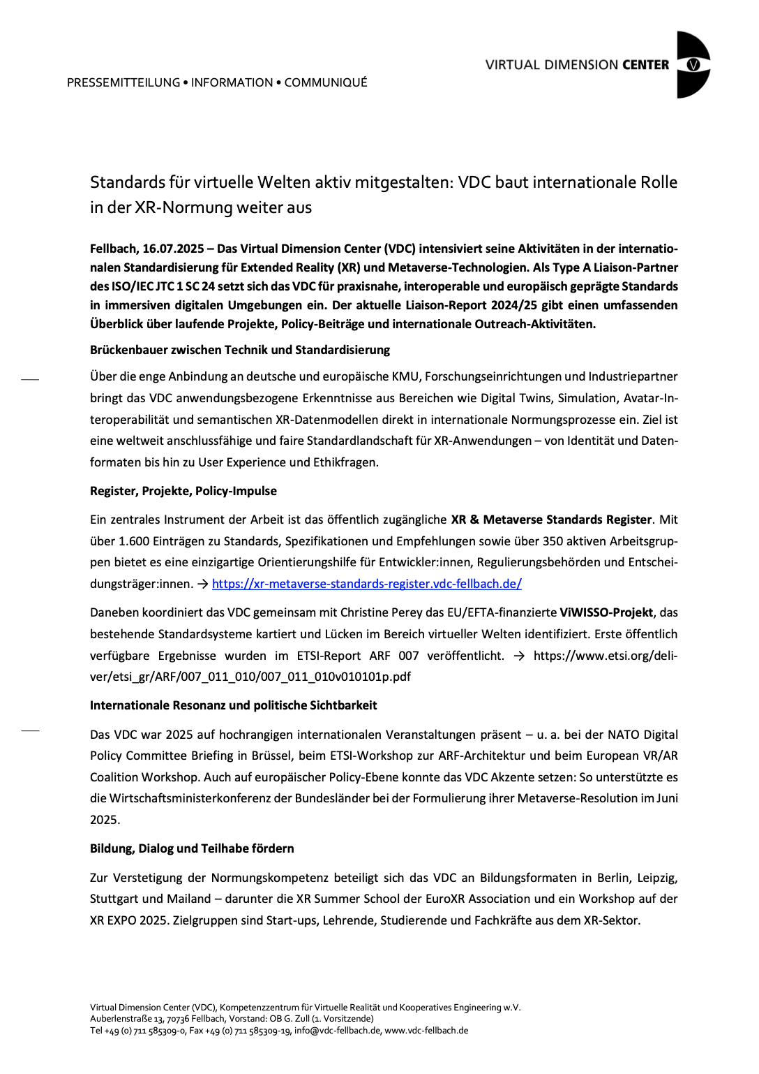 Standards für virtuelle Welten aktiv mitgestalten: VDC baut internationale Rolle in der XR-Normung weiter aus