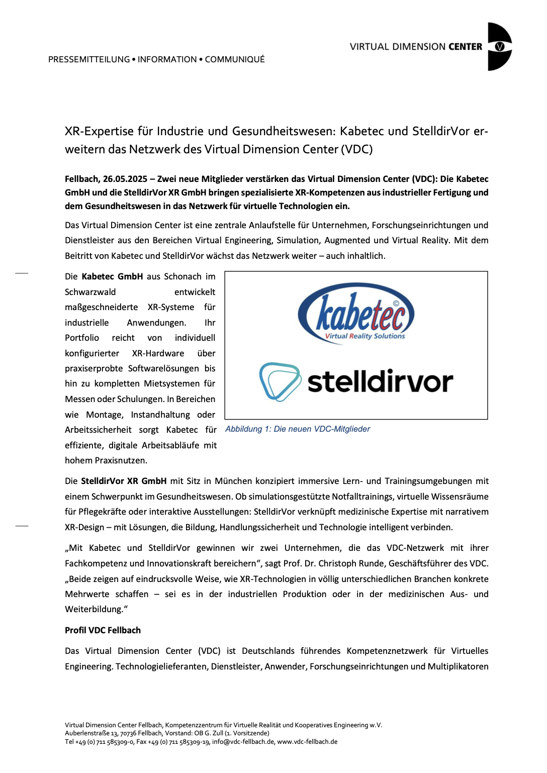 XR-Expertise für Industrie und Gesundheitswesen: Kabetec und StelldirVor er- weitern das Netzwerk des Virtual Dimension Center (VDC)