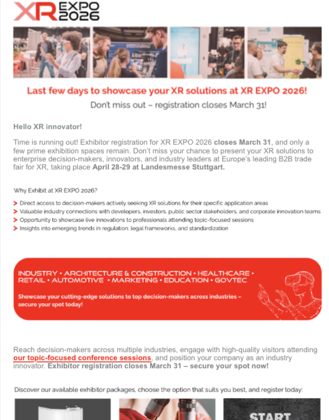 Last chance to secure your exhibition space at XR EXPO 2026 – registration closes today!
