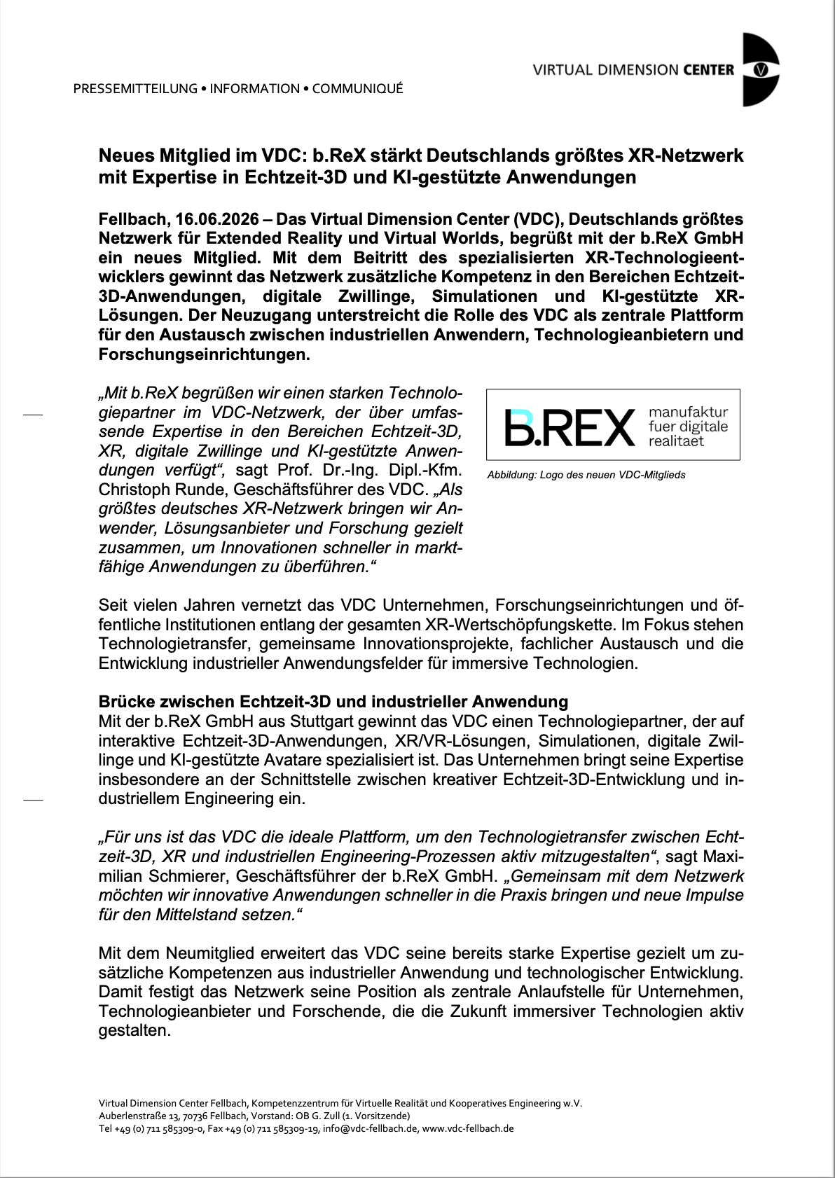Neues Mitglied im VDC: b.ReX stärkt Deutschlands größtes XR-Netzwerk mit Expertise in Echtzeit-3D und KI-gestützte Anwendungen