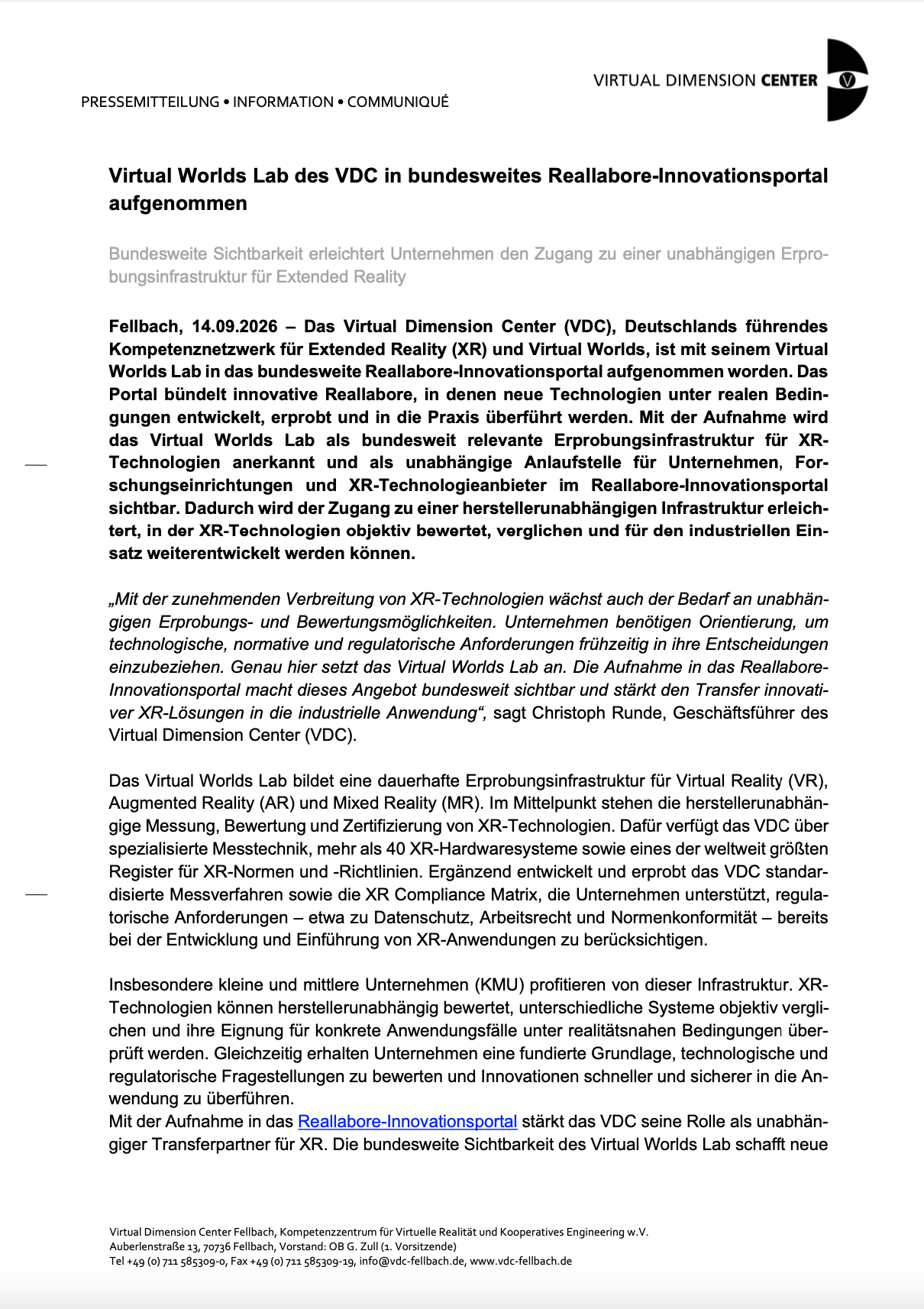 Virtual Worlds Lab des VDC in bundesweites Reallabore-Innovationsportal aufgenommen
