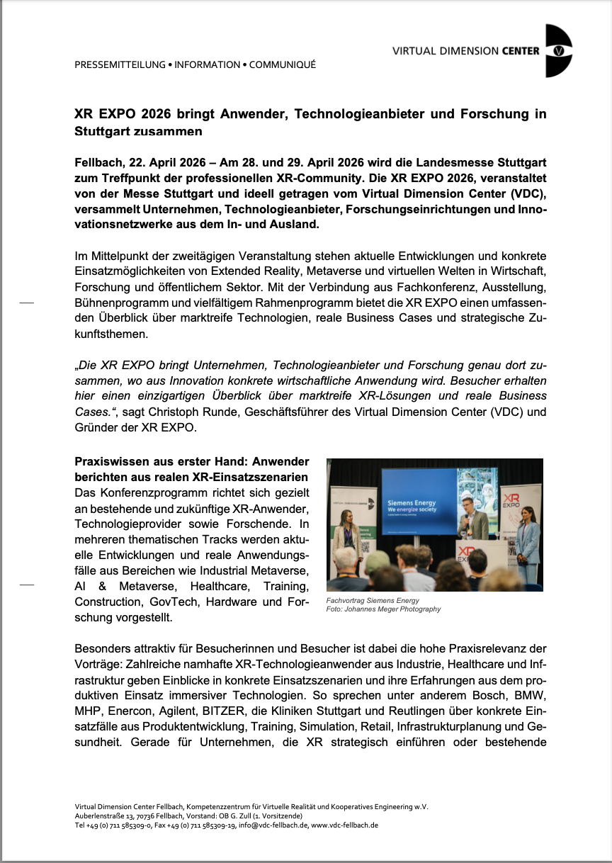 XR EXPO 2026 bringt Anwender, Technologieanbieter und Forschung in Stuttgart zusammen